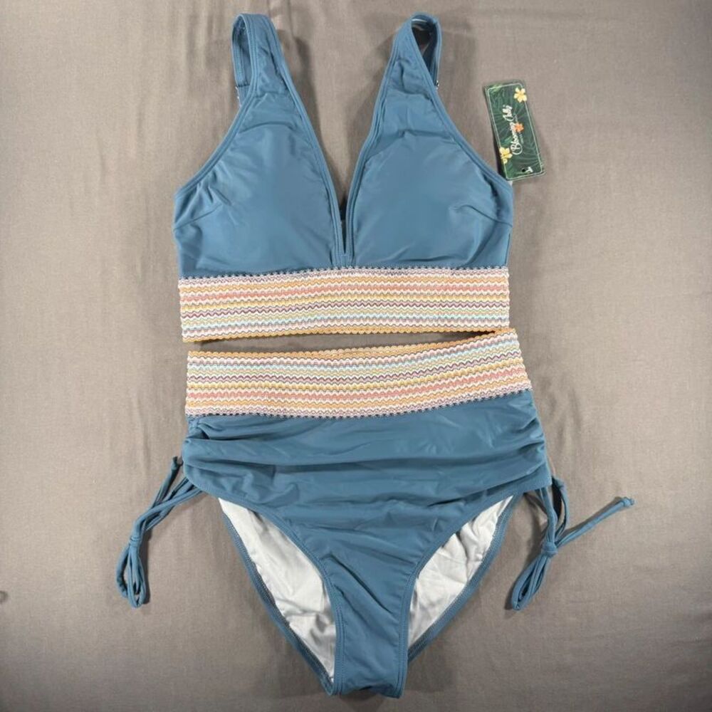 NWT Blooming Jelly Boho Chevron High Waisted Bikini Set Dusty Blue Sz M